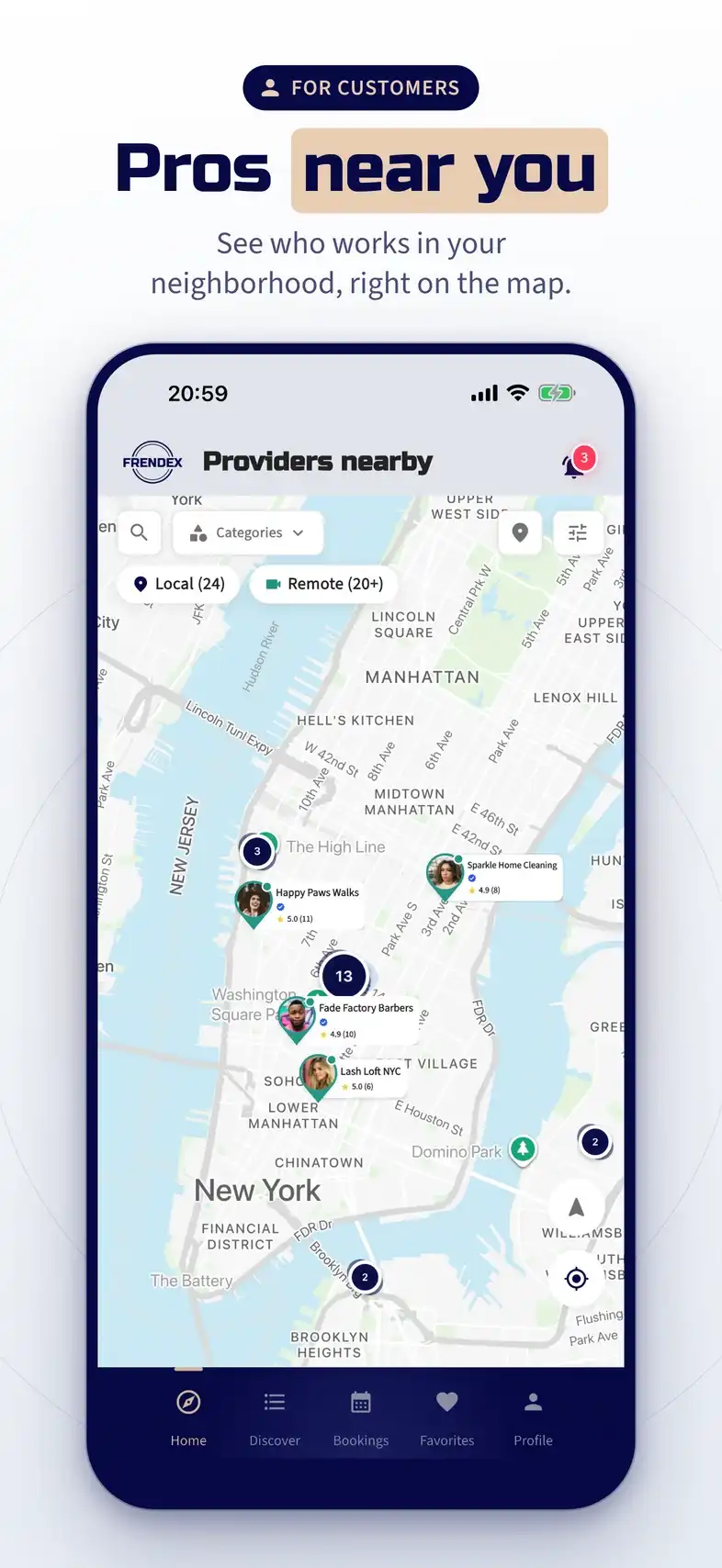 Pros near you: a live map with photo pins and ratings