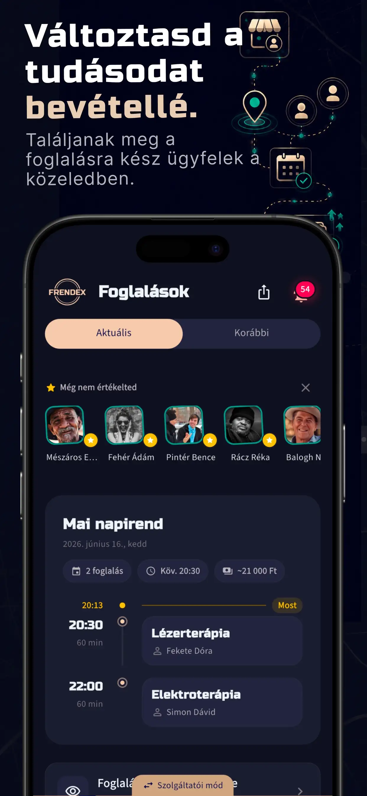 Szolgáltatói nézet: napirend, foglalások és ügyfélértékelés