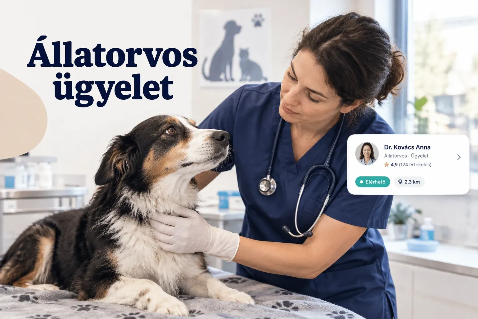 Éjszakai állatorvos ügyelet rendelője, ahol állatorvos sürgősségi ellátást nyújt beteg kisállatnak
