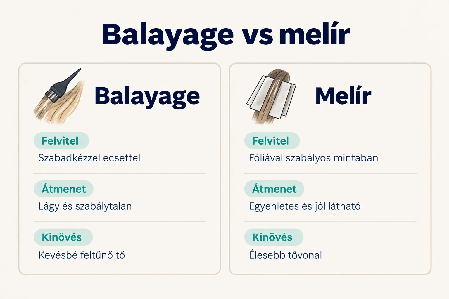 Comparison table, Balayage vs melír. Felvitel, Balayage: Szabadkézzel ecsettel; Melír: Fóliával szabályos mintában…