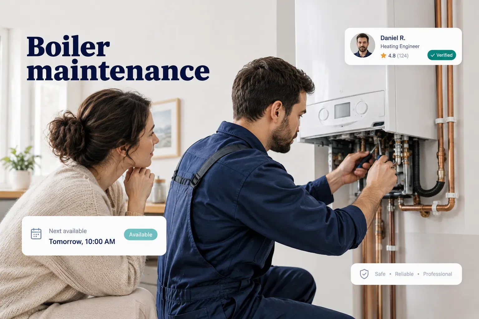 Technician performing routine boiler maintenance to check safety and efficiency of a home heating system
