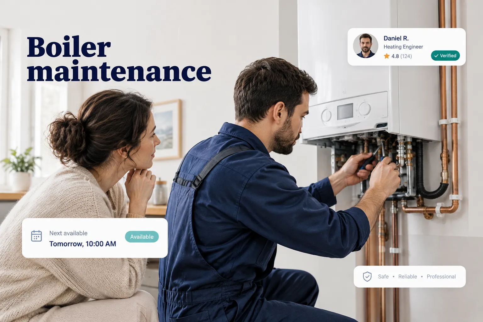 Technician performing routine boiler maintenance to check safety and efficiency of a home heating system