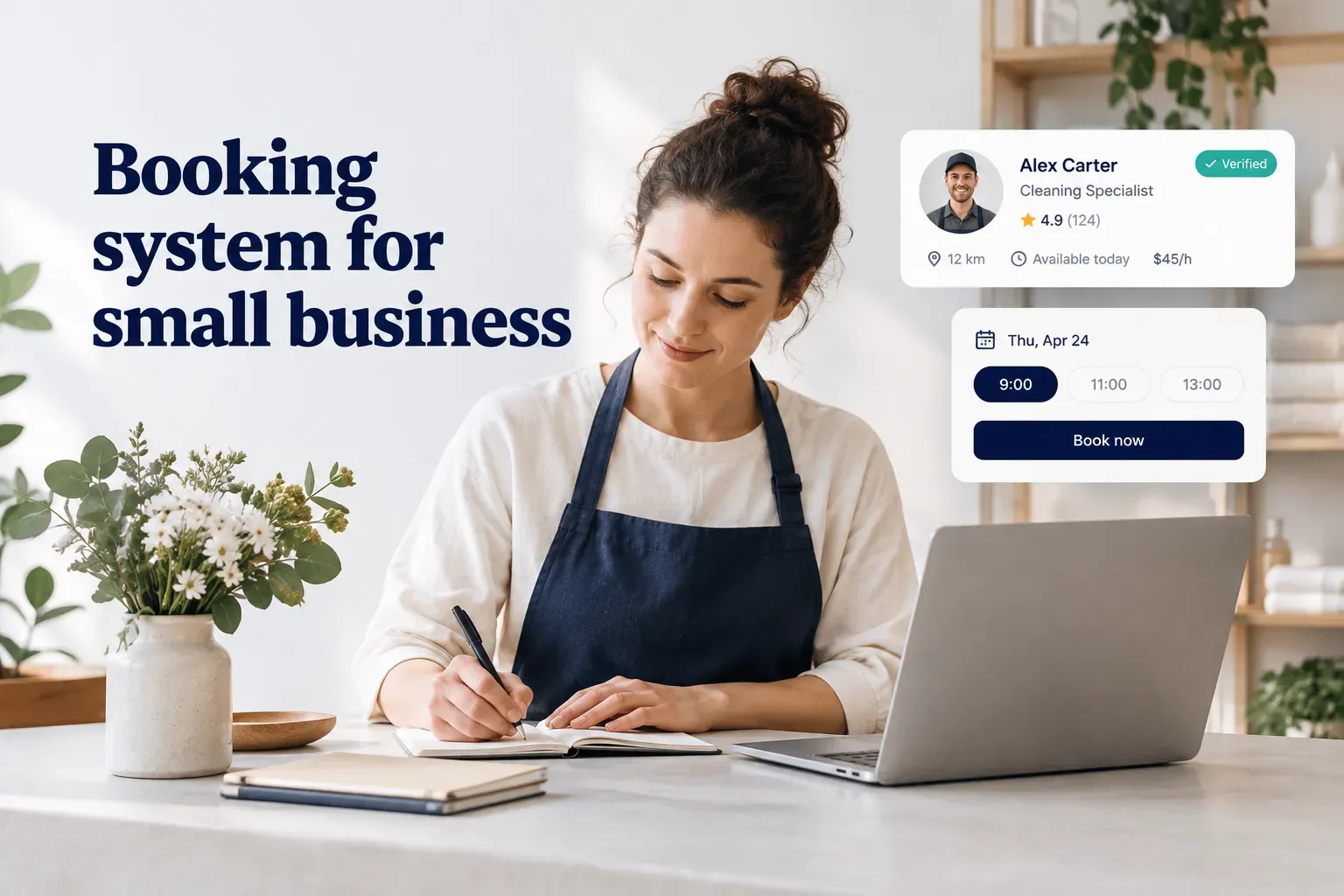 Small business owner managing appointments with a booking system for small business on a laptop