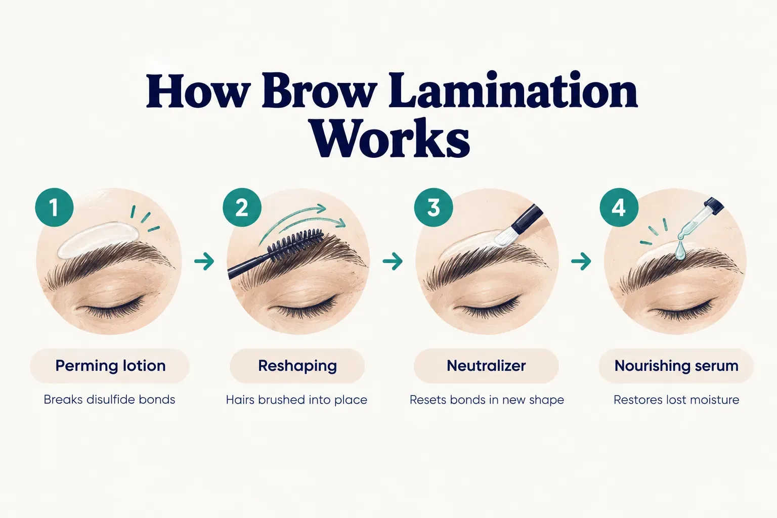 Step-by-step diagram, How Brow Lamination Works. 1. Perming lotion, Breaks disulfide bonds; 2. Reshaping, Hairs brushed…