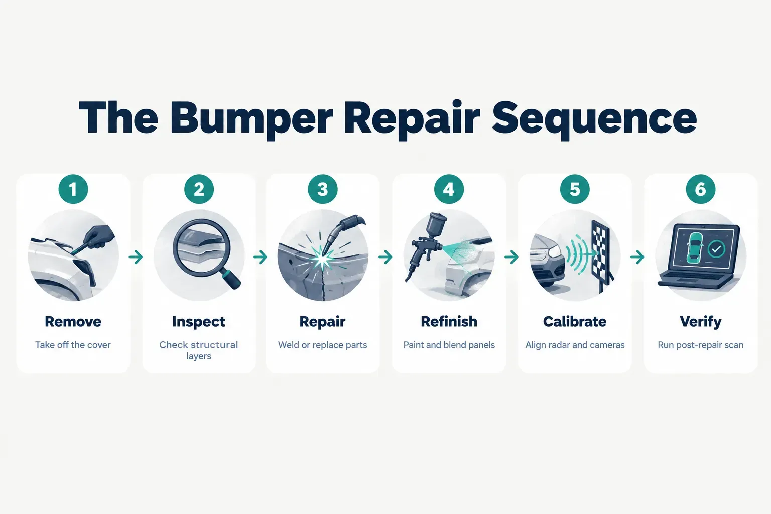 Step-by-step diagram, The Bumper Repair Sequence. 1. Remove, Take off the cover; 2. Inspect, Check structural layers; 3…