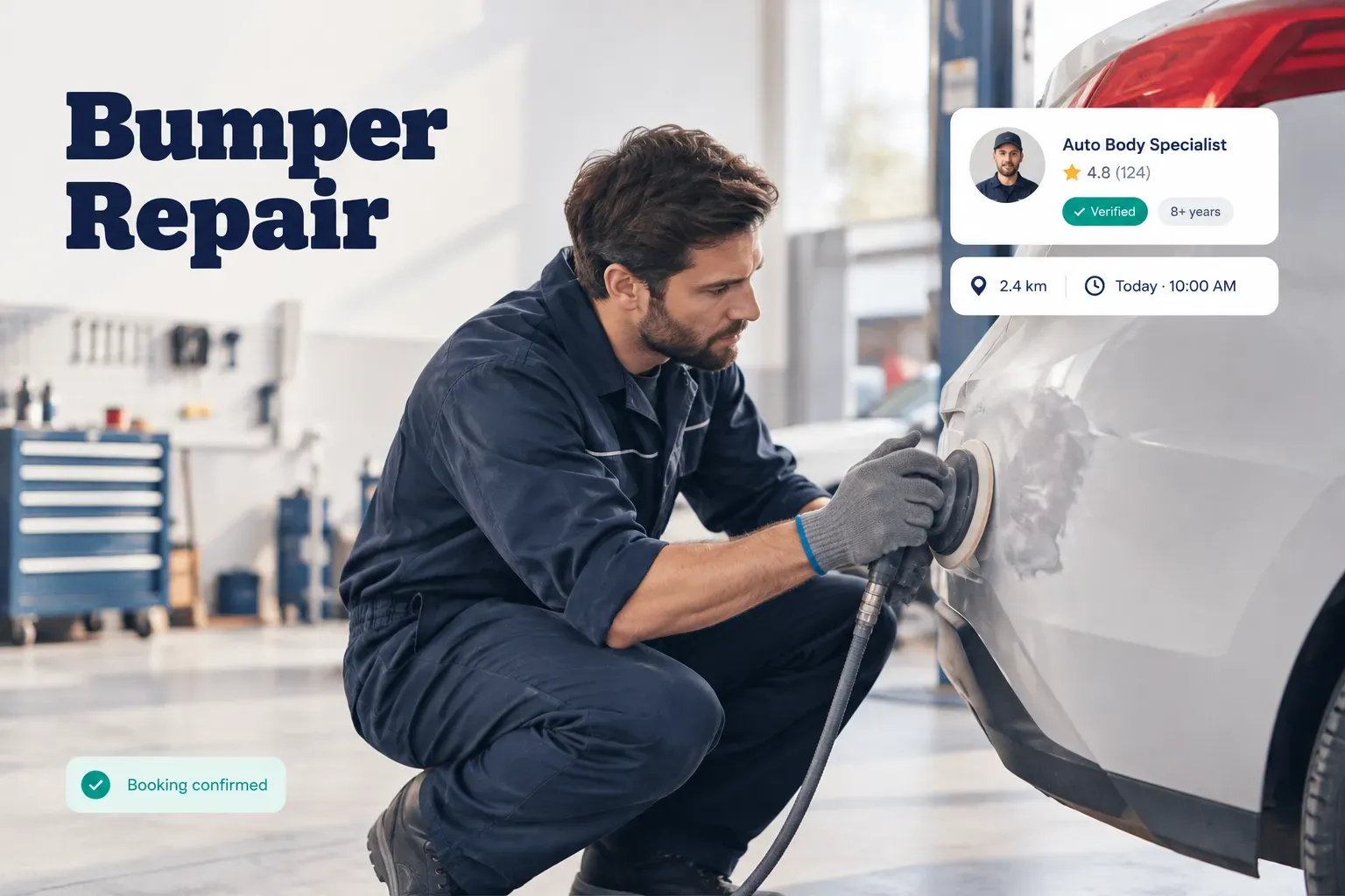 Technician sanding a scratched car bumper during a professional bumper repair at an auto body shop