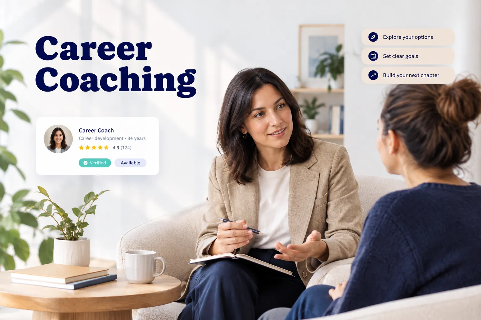 Career coaching session with advisor guiding client through professional growth strategies and goal setting