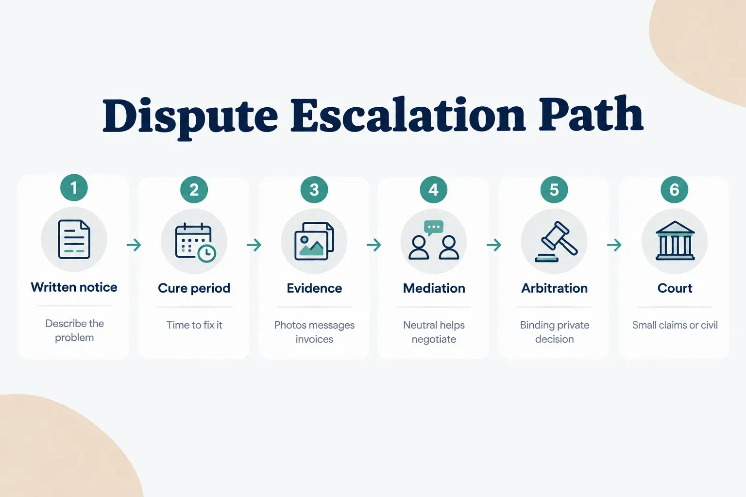 Step-by-step diagram, Dispute Escalation Path. 1. Written notice, Describe the problem; 2. Cure period, Time to fix it…