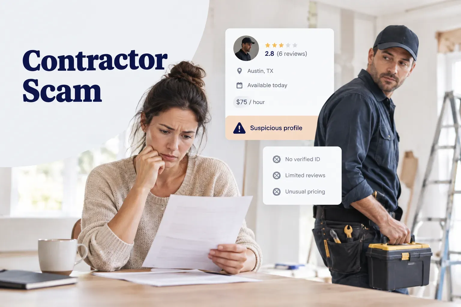 Homeowner reviewing suspicious invoice as warning sign of a contractor scam during home renovation project