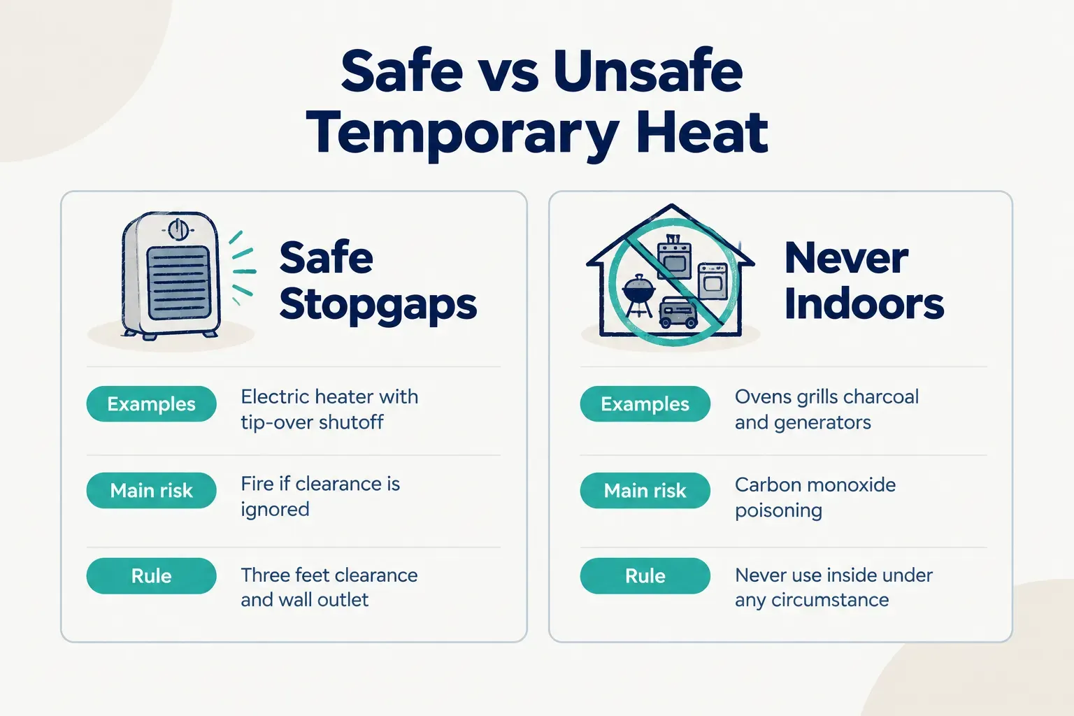 Comparison table, Safe vs Unsafe Temporary Heat. Examples, Safe Stopgaps: Electric heater with tip-over shutoff; Never…