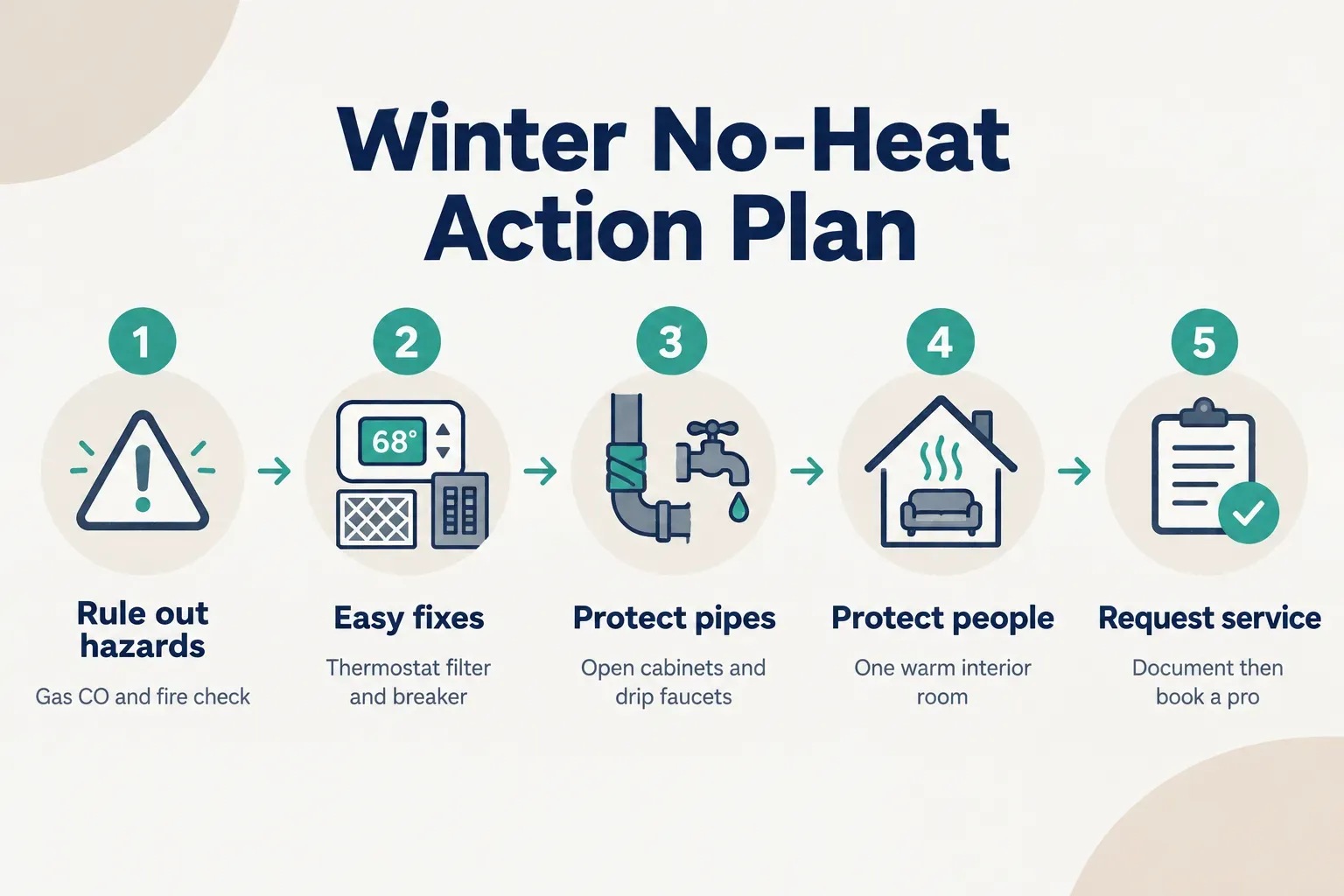 Step-by-step diagram, Winter No-Heat Action Plan. 1. Rule out hazards, Gas CO and fire check; 2. Easy fixes, Thermostat…