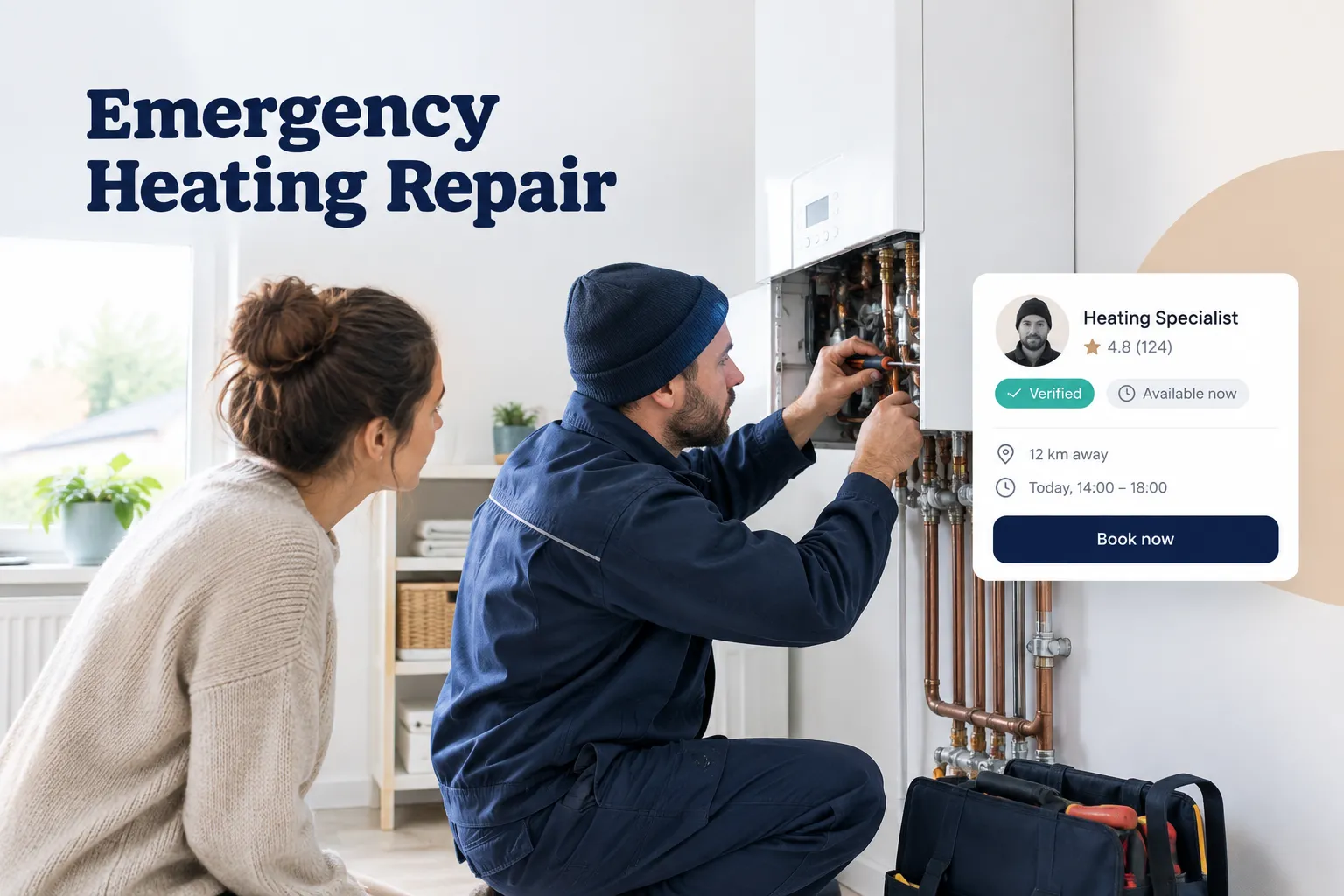 Technician performing emergency heating repair on a furnace in a residential basement