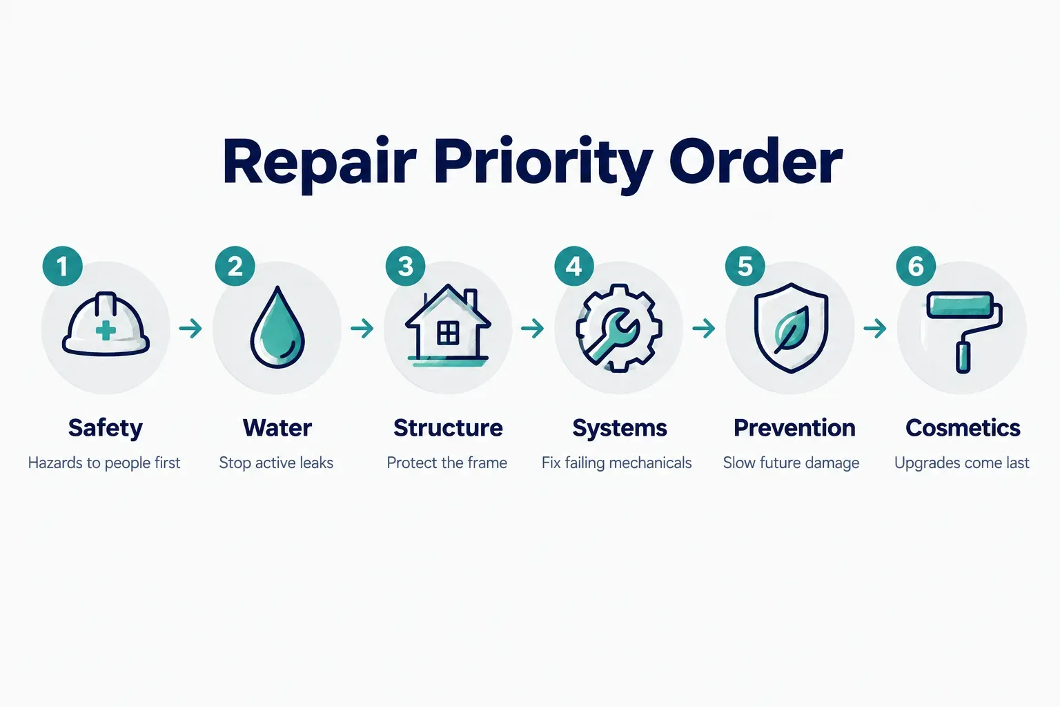 Step-by-step diagram, Repair Priority Order. 1. Safety, Hazards to people first; 2. Water, Stop active leaks; 3…
