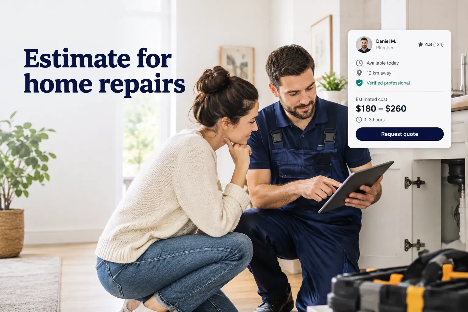 Contractor reviewing an estimate for home repairs with a homeowner, pointing at itemized cost details on a clipboard
