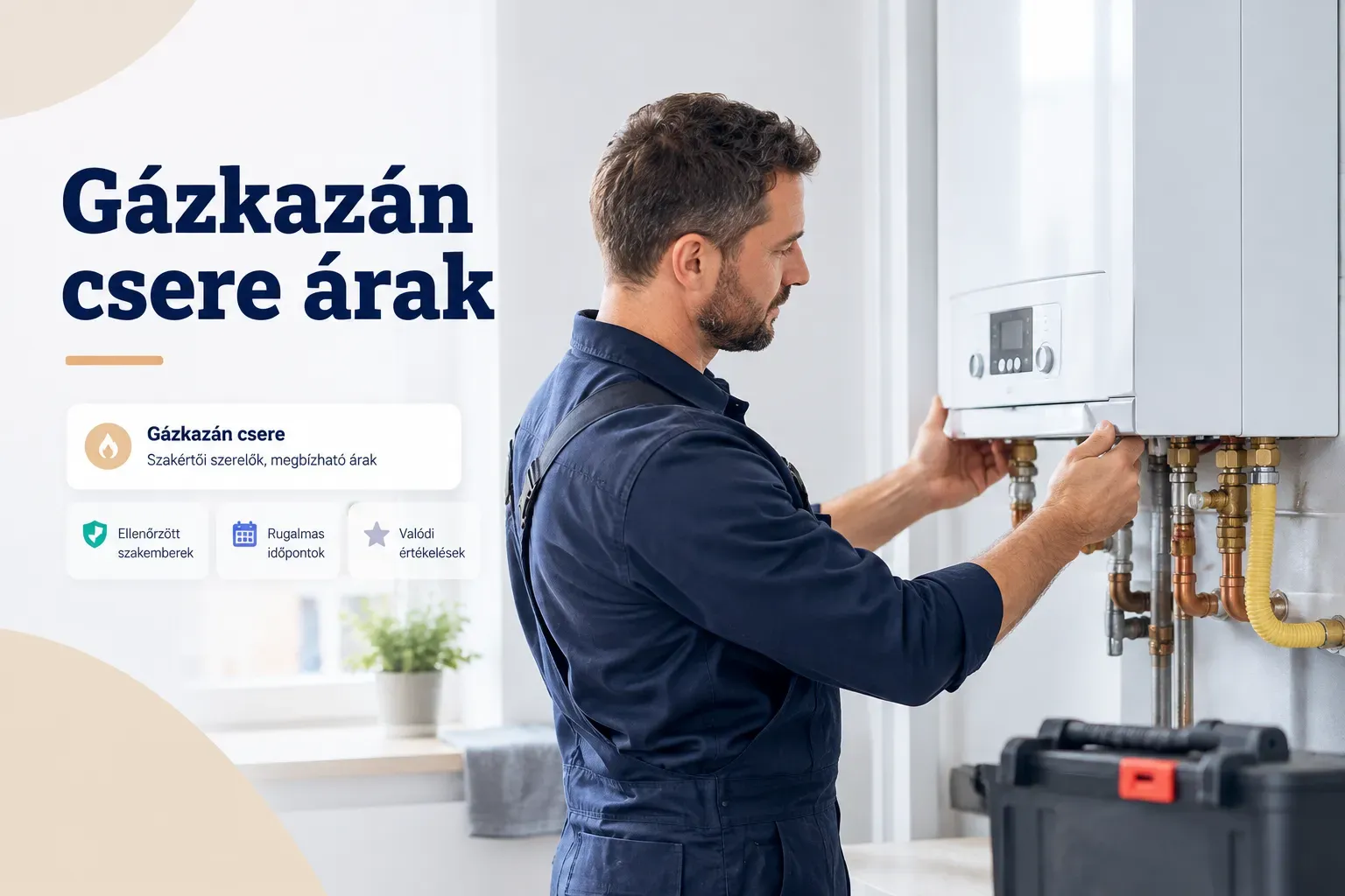 Gázkazán csere árak összehasonlítása szerelő által végzett munka közben, új kazán beszerelésekor