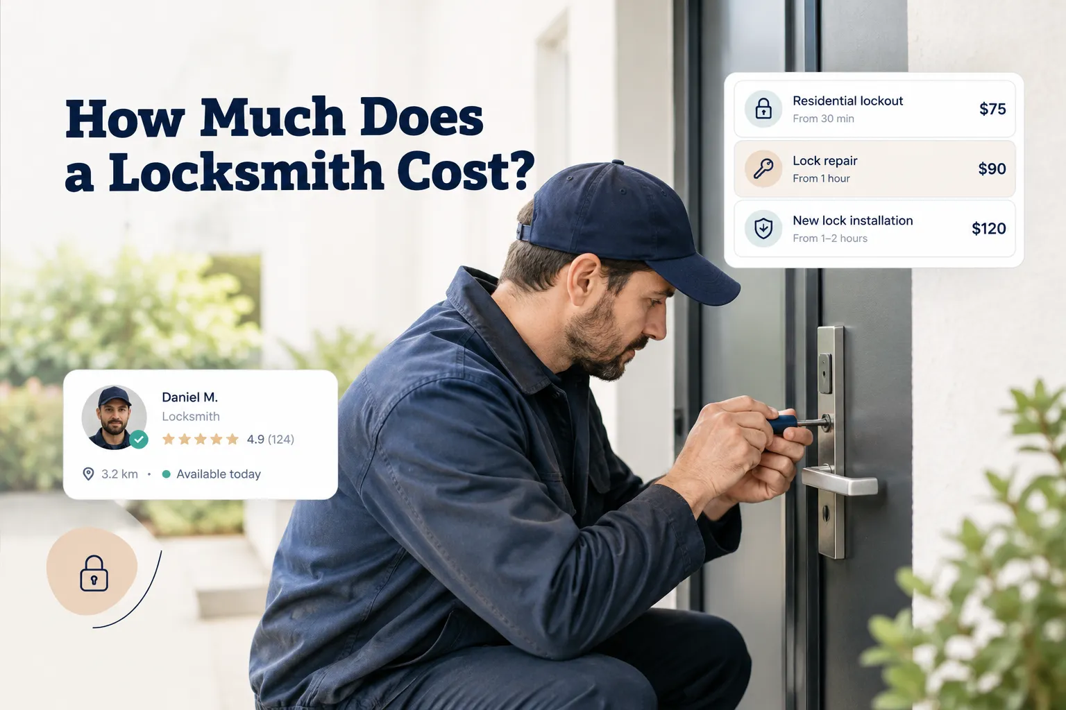 Locksmith pricing breakdown showing average costs for lockout, lock repair, and rekeying services
