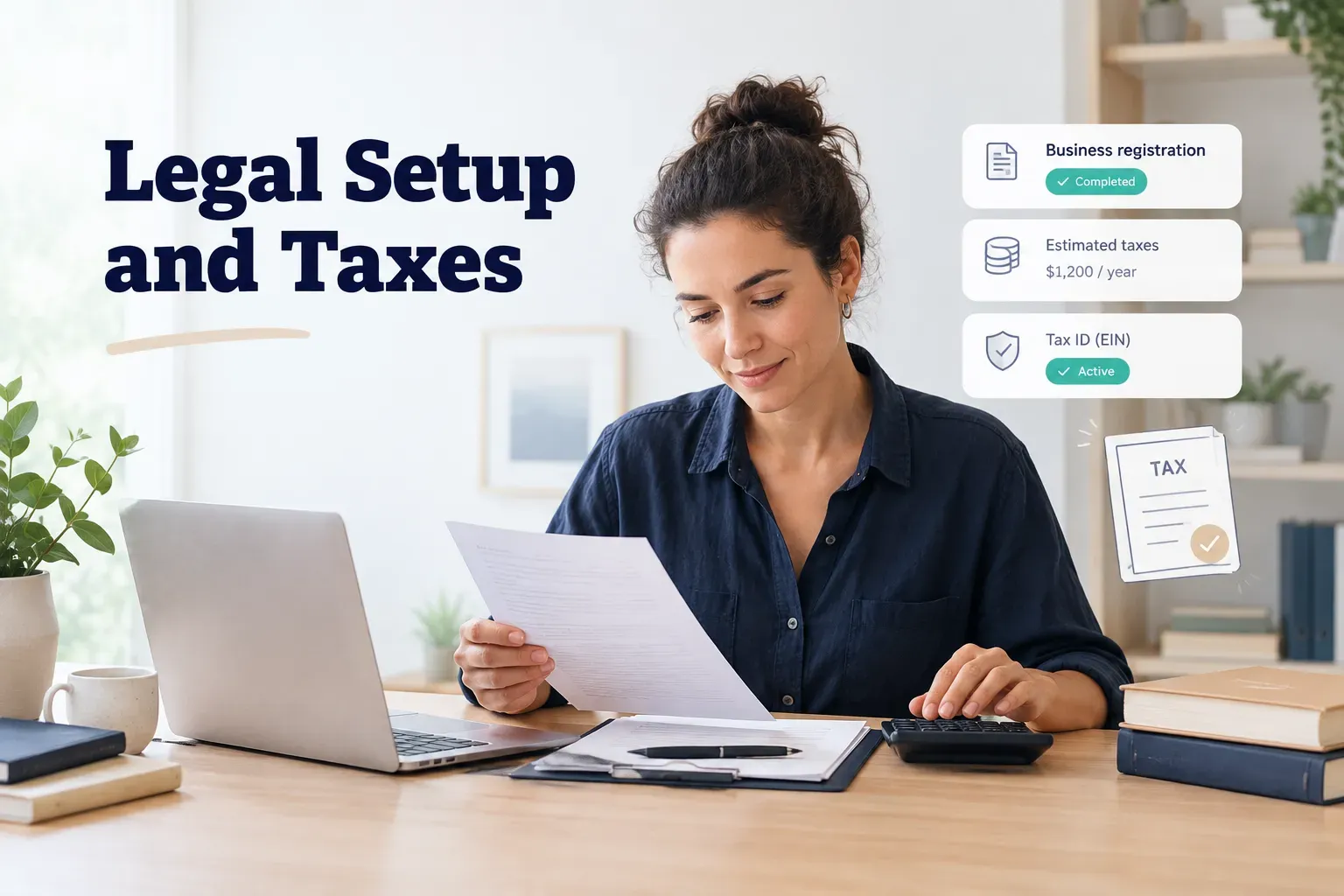 Self-employed person reviewing legal setup and tax documents while learning how to become self employed