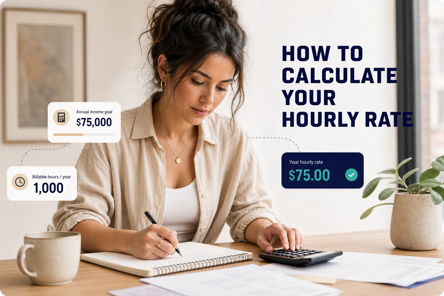 Freelancer using a calculator and laptop to calculate their hourly rate based on expenses and income goals