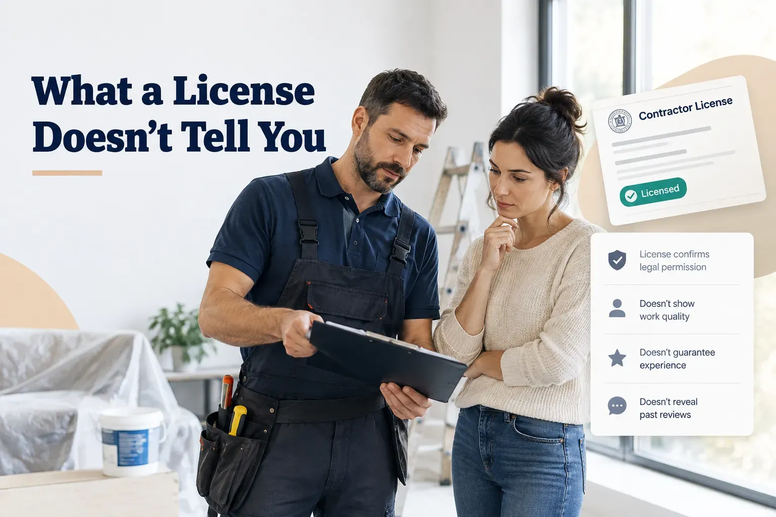 Homeowner reviewing contractor license verification results on laptop, illustrating limits of how to check if a contractor is