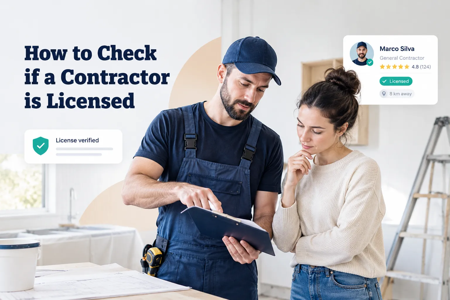 Homeowner checking a contractor's license status on a state licensing board website using a laptop