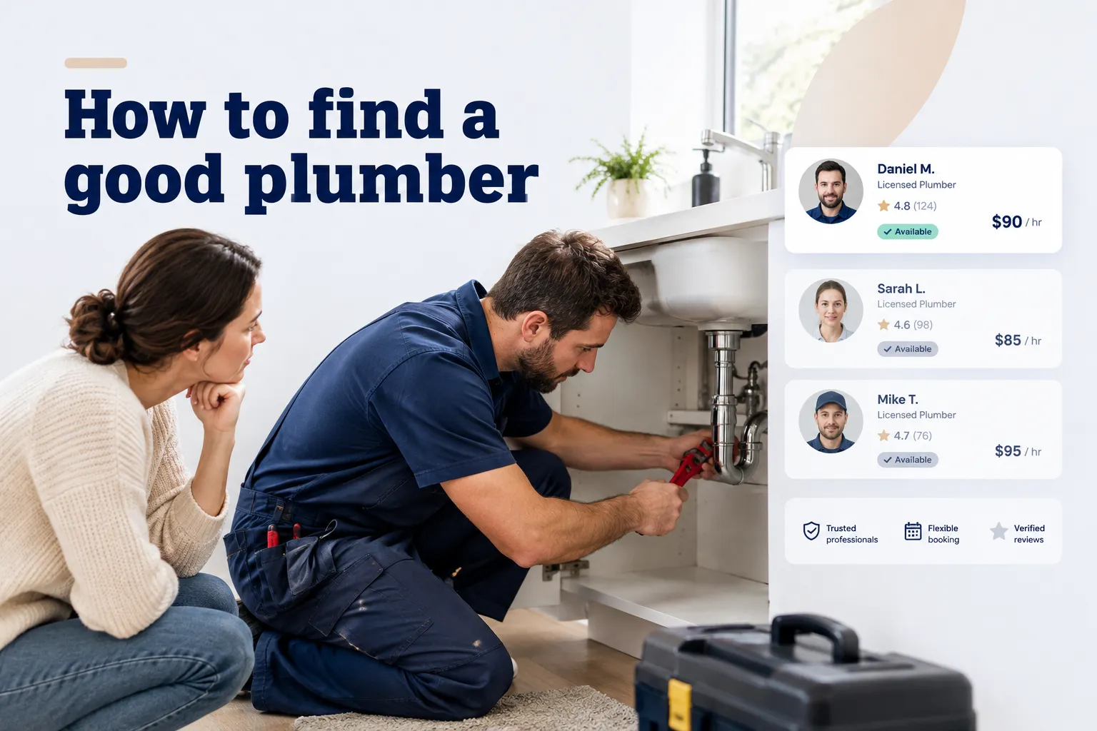 Checklist for how to find a good plumber, showing license, reviews, and quote comparisons before hiring