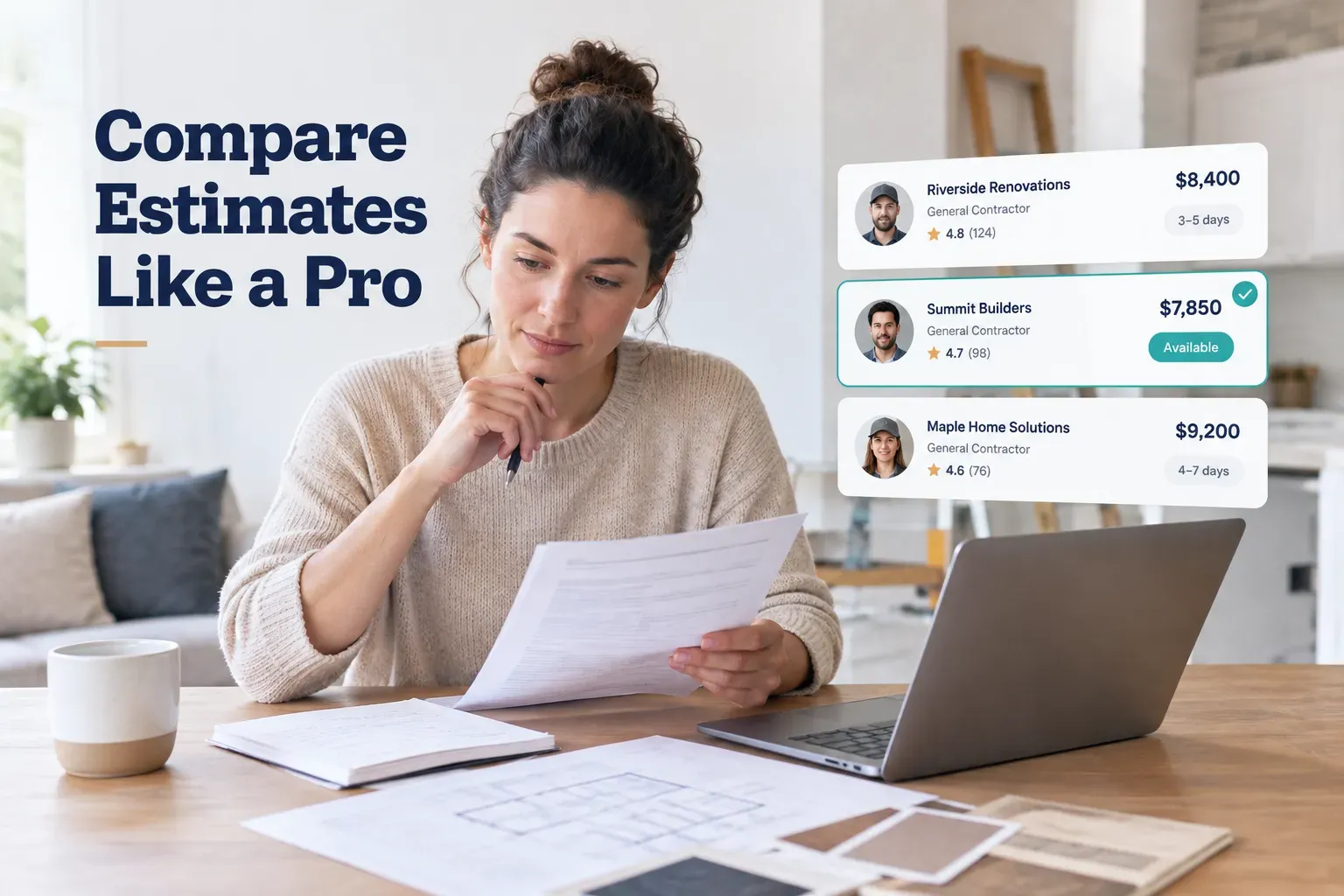 Homeowner comparing multiple contractor estimates side by side to find a reliable contractor for a home renovation project