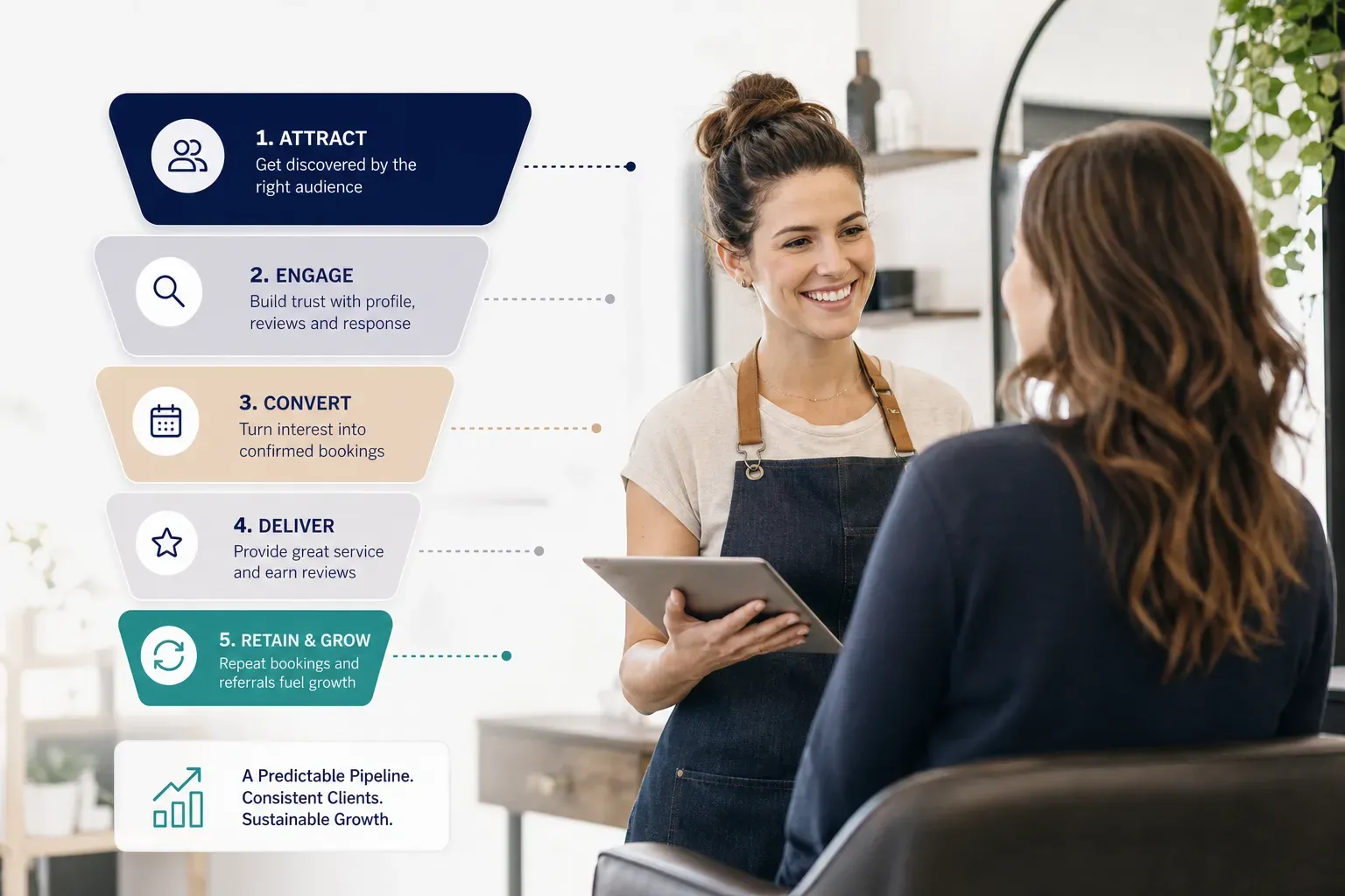 Sales funnel diagram showing steps to get clients consistently and build a predictable pipeline for business growth