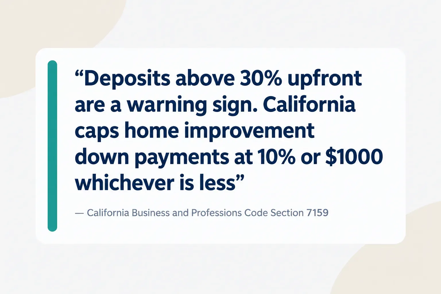 Key insight: Deposits above 30% upfront are a warning sign. California caps home improvement down payments at 10% or $1000…