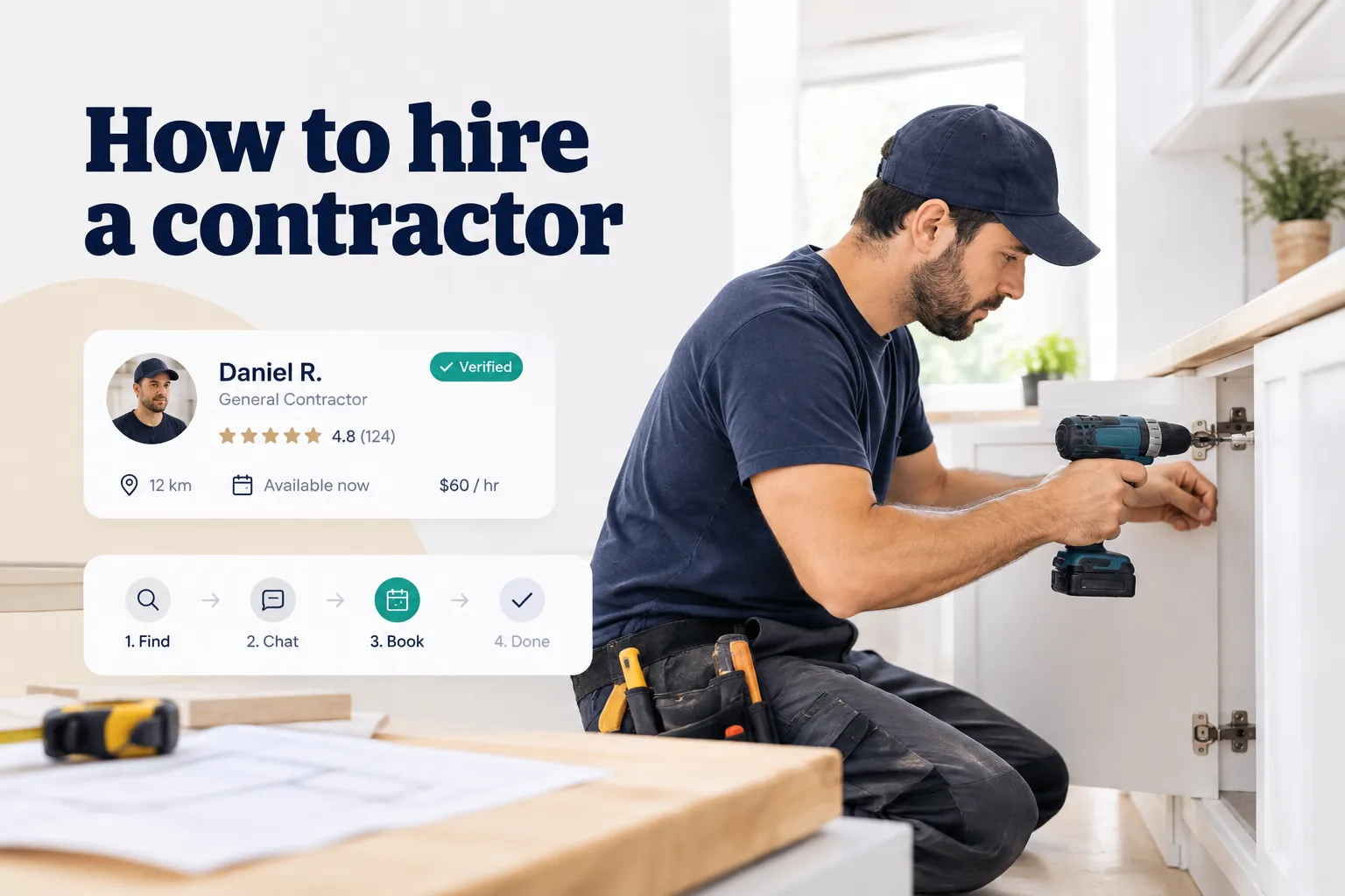 Homeowner reviewing contractor bids and checklist to learn how to hire a contractor for a renovation project