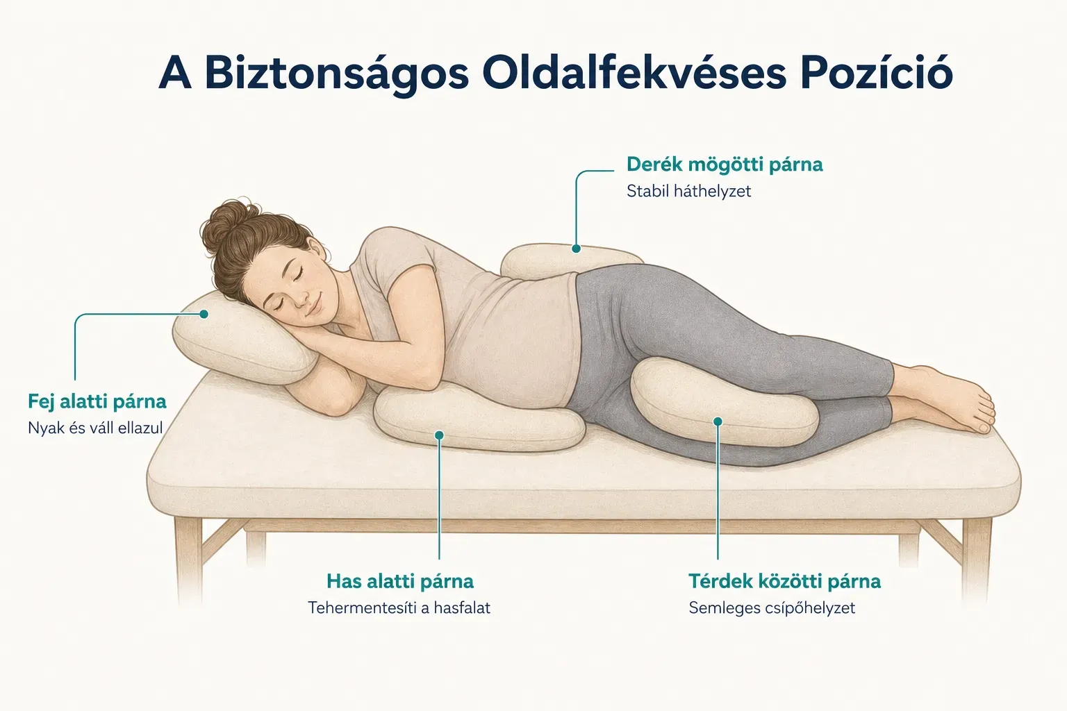 Diagram, A Biztonságos Oldalfekvéses Pozíció. Has alatti párna, Tehermentesíti a hasfalat; Térdek közötti párna, Semleges…
