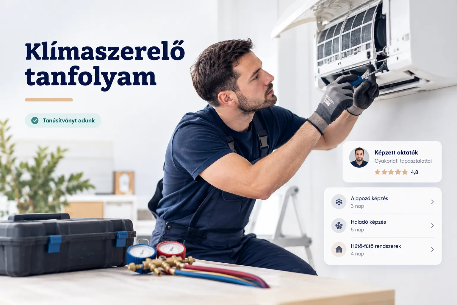 Klímaszerelő tanfolyam résztvevője klímaberendezést szerel gyakorlati oktatás során