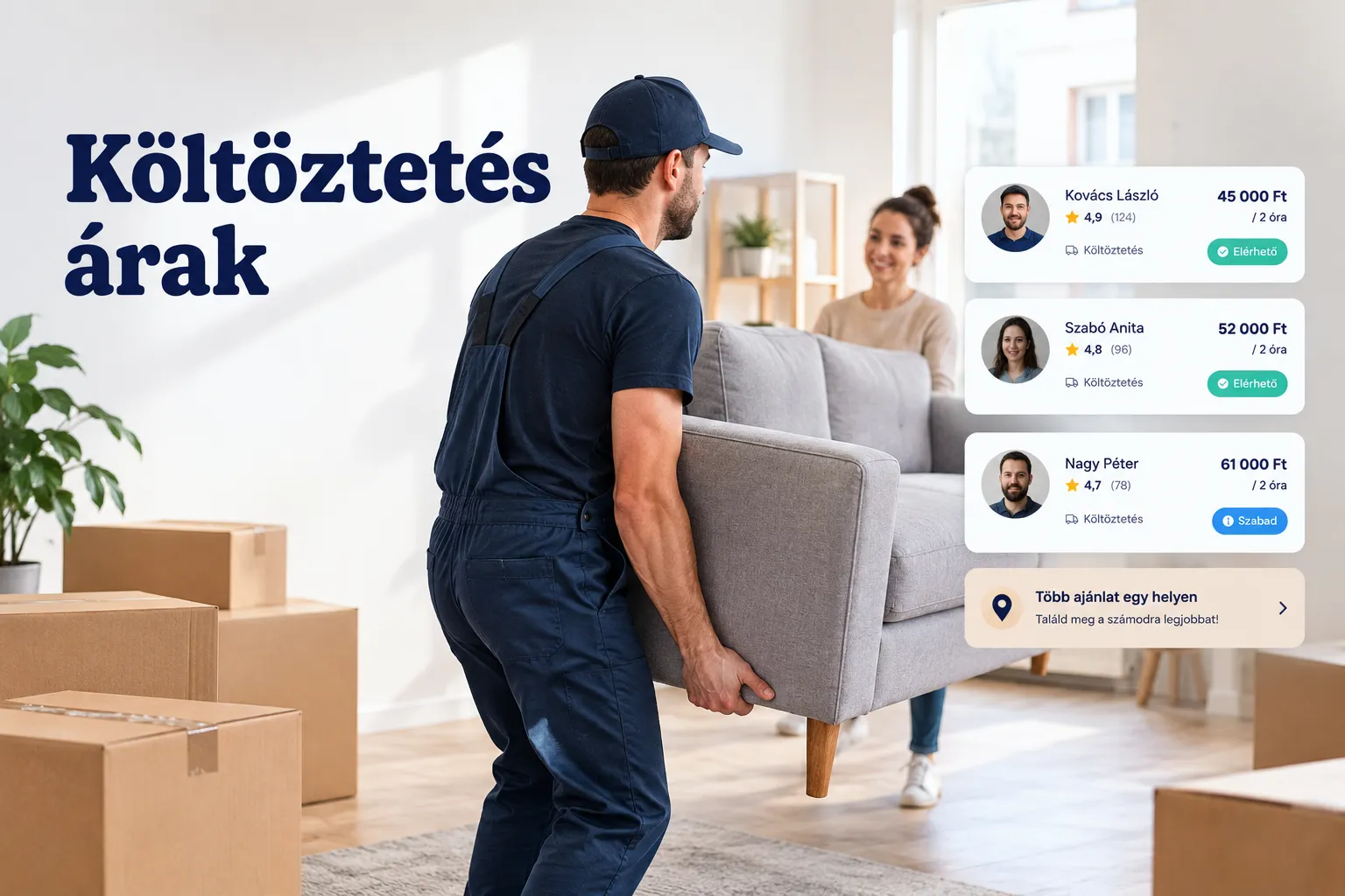 Költöztetés árak összehasonlítása: költöztető cég munkatársai dobozokat pakolnak teherautóba
