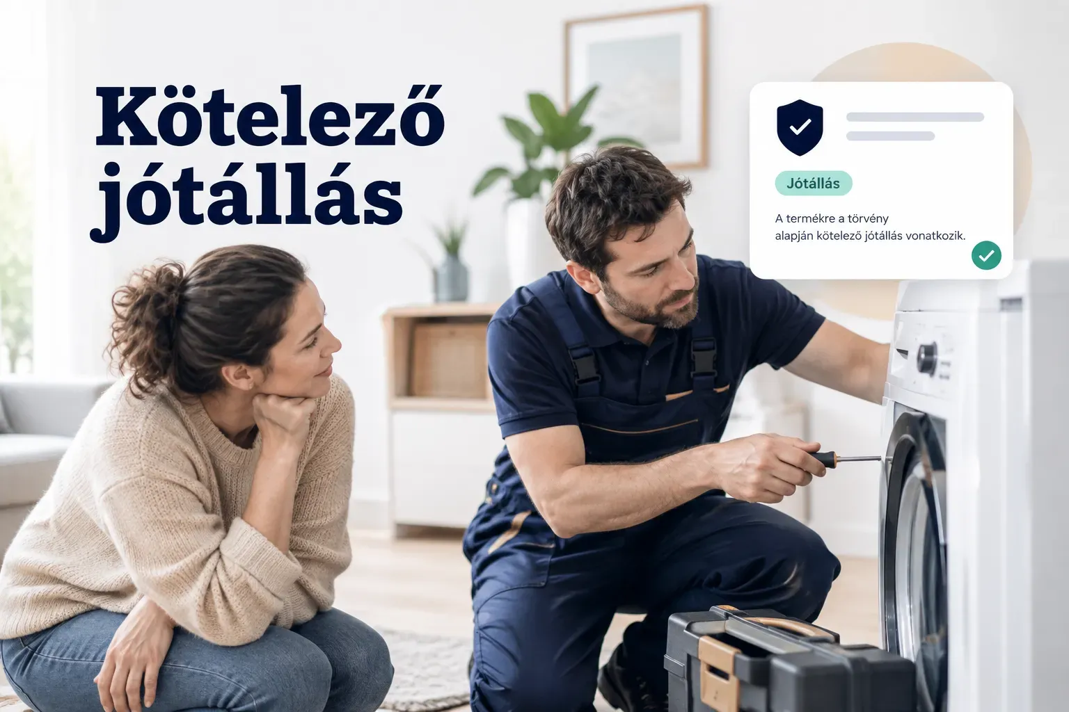 Kötelező jótállás szabályait bemutató illusztráció jótállási jegy és fogyasztói jogok szimbólumaival