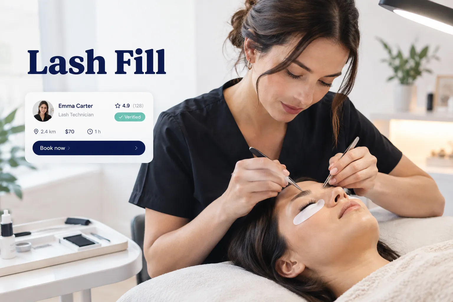 Lash technician performing a lash fill, filling gaps in existing eyelash extensions with new lashes