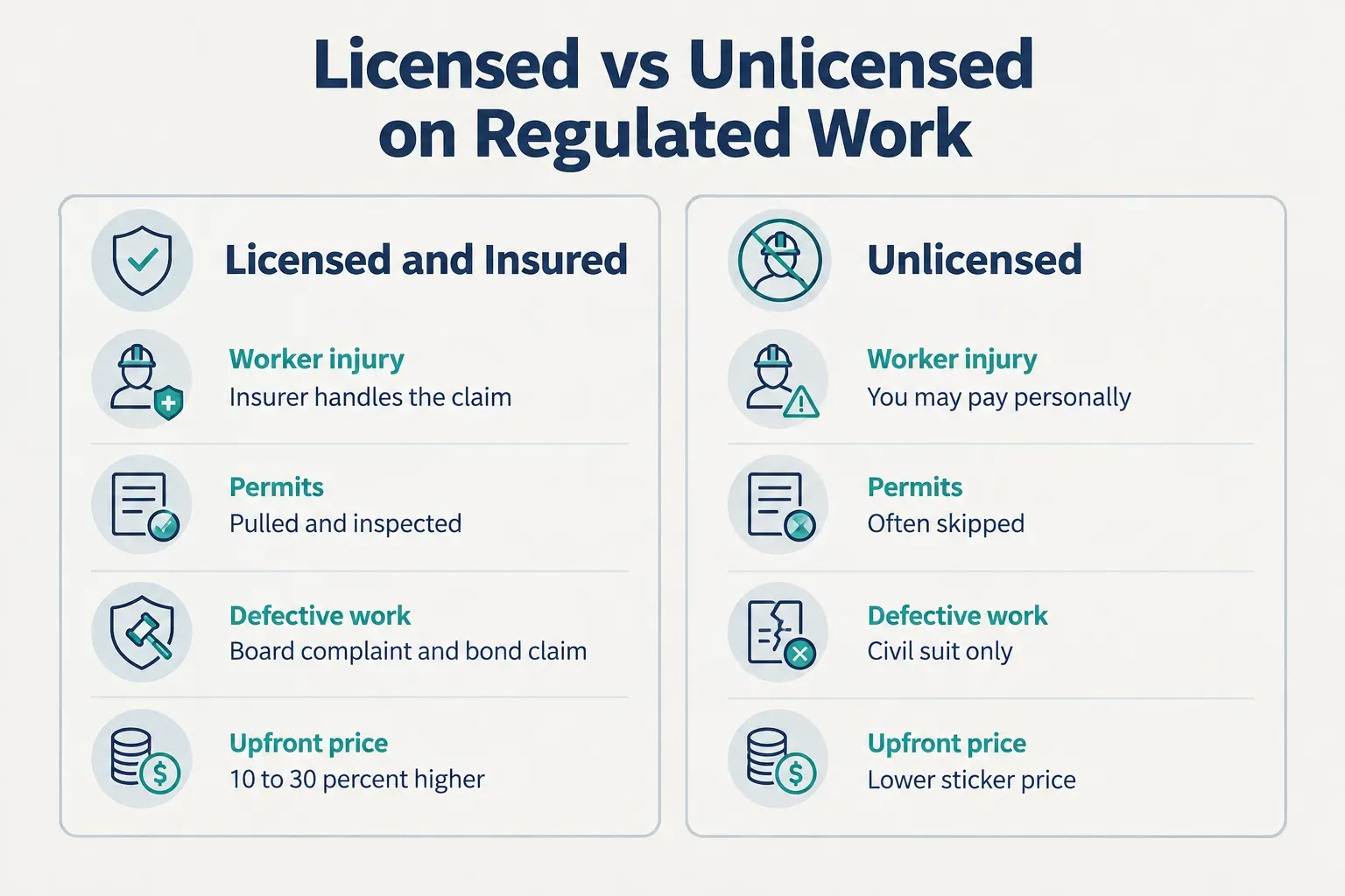 Comparison table, Licensed vs Unlicensed on Regulated Work. Worker injury, Licensed and Insured: Insurer handles the…