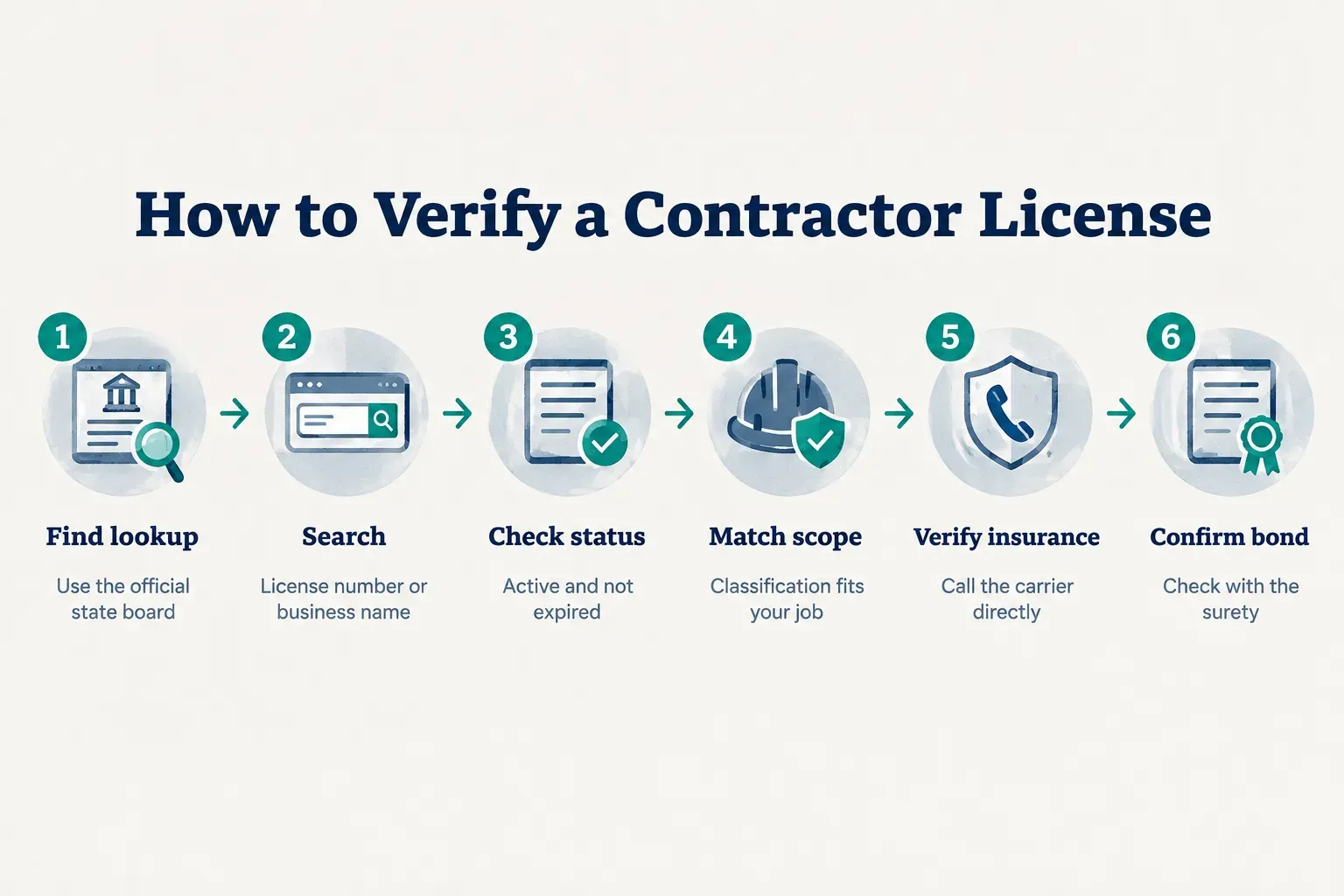 Step-by-step diagram, How to Verify a Contractor License. 1. Find lookup, Use the official state board; 2. Search…