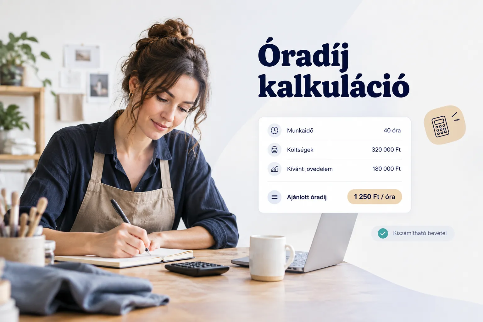 Óradíj kalkuláció táblázatban: költségek és bevétel alapján kiszámított óránkénti díj vállalkozóknak