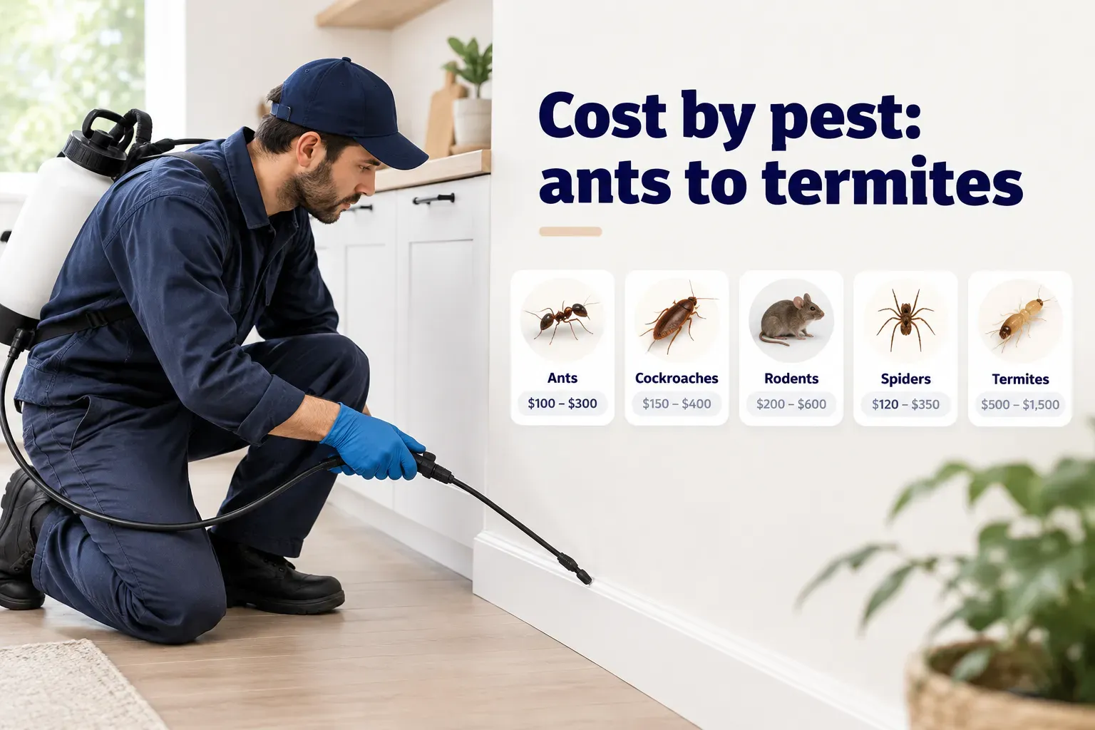 Pest control cost comparison chart showing price ranges for ants, roaches, rodents, and termites