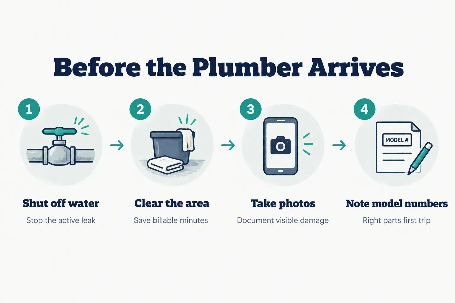 Step-by-step diagram, Before the Plumber Arrives. 1. Shut off water, Stop the active leak; 2. Clear the area, Save…
