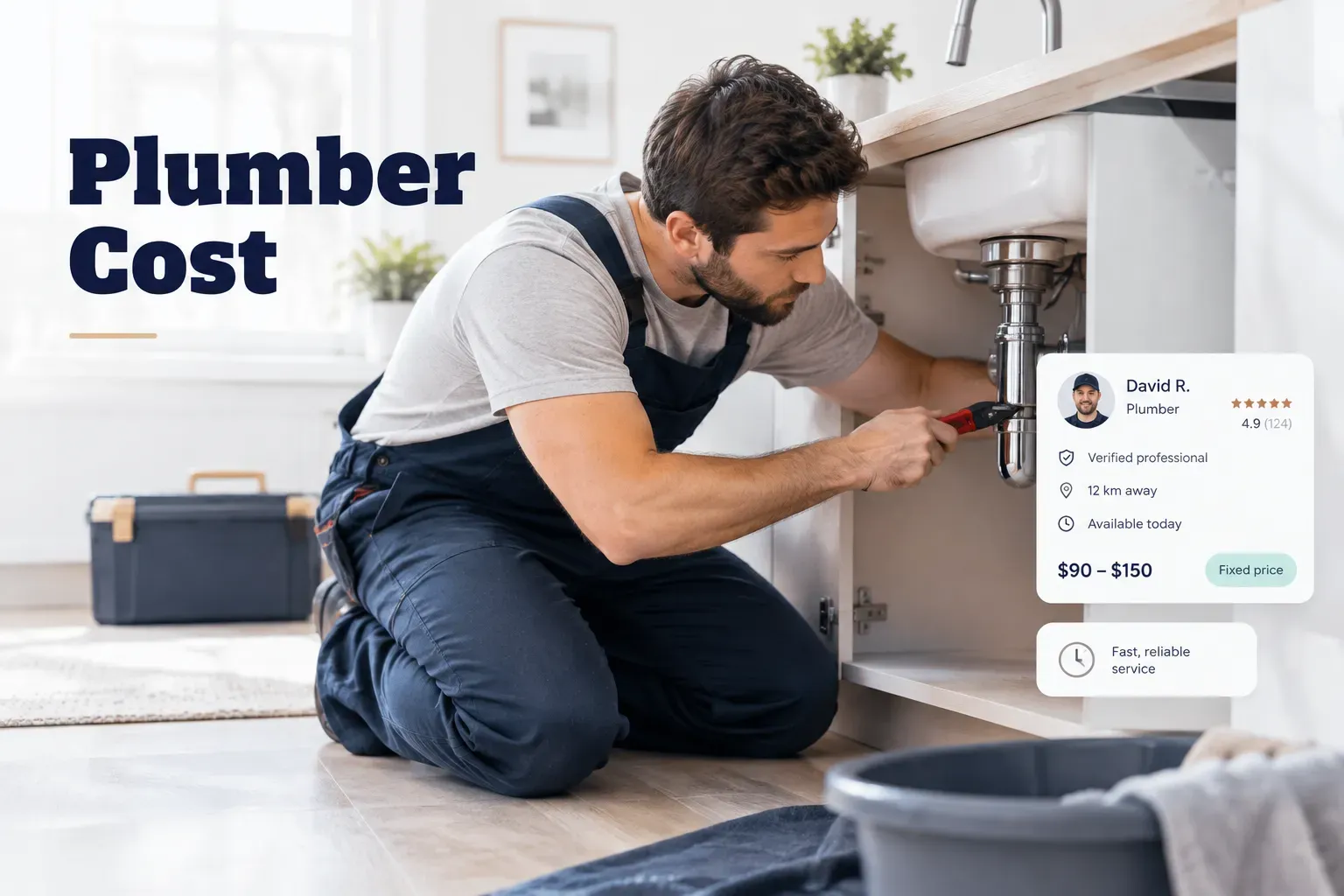Plumber inspecting pipes while calculating repair costs for a homeowner during a service call