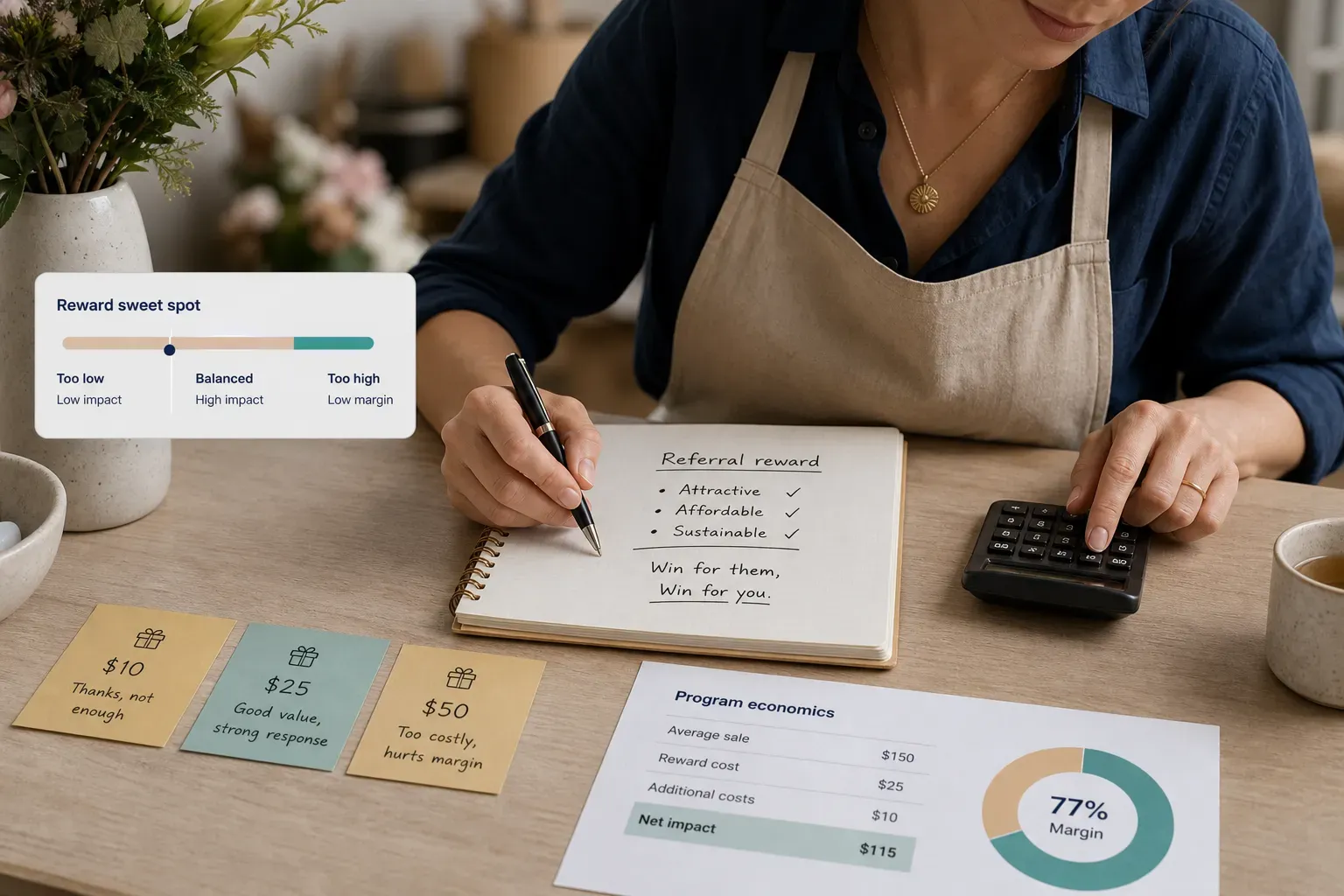 Small business owner calculating referral program reward costs to balance profit margins and incentive value