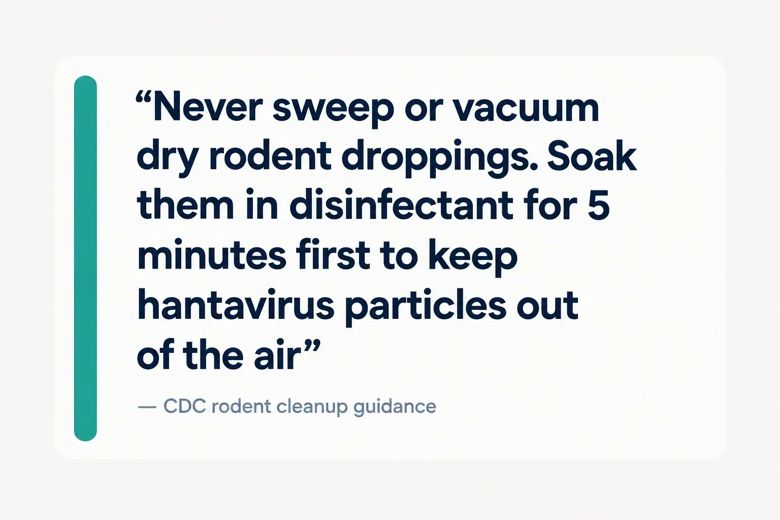 Key insight: Never sweep or vacuum dry rodent droppings. Soak them in disinfectant for 5 minutes first to keep hantavirus…