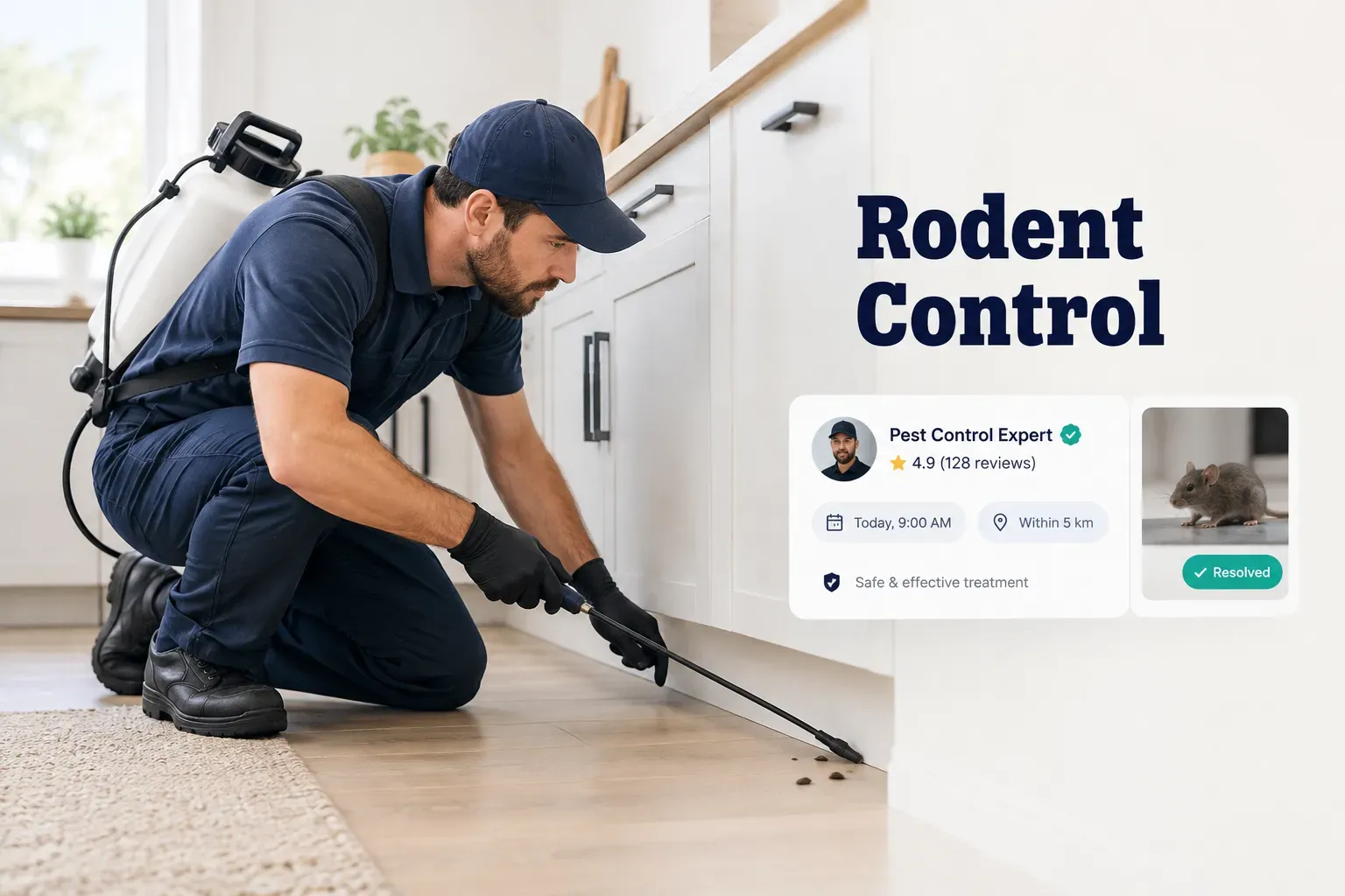 Technician inspecting a home exterior for entry points as part of a rodent control service