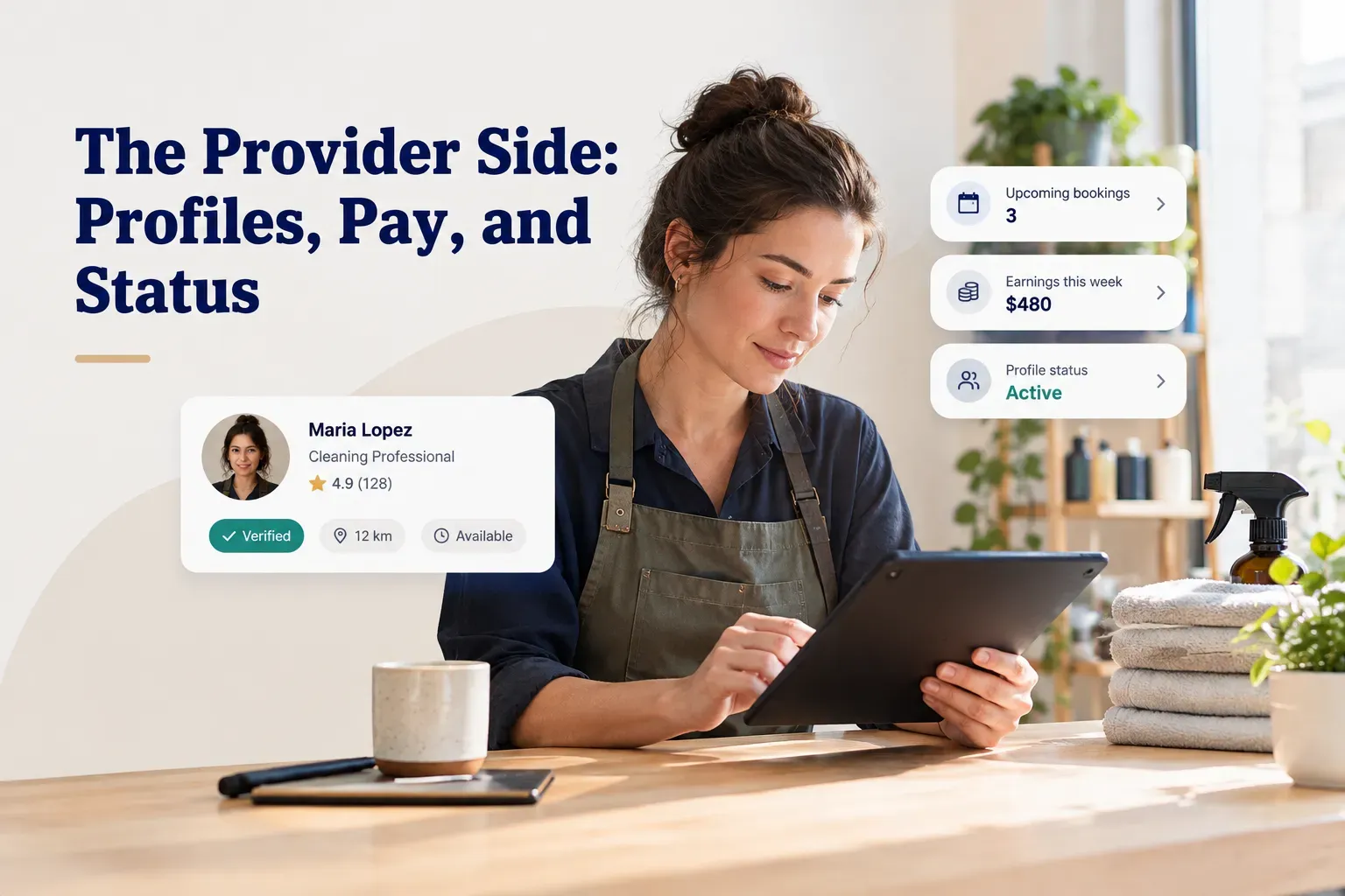 Service marketplace provider profile dashboard showing pay rates, booking status, and client ratings