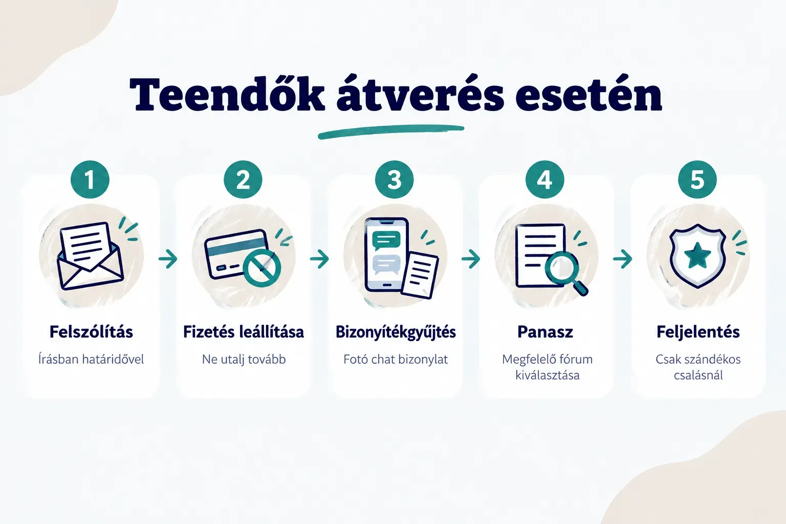 Step-by-step diagram, Teendők átverés esetén. 1. Felszólítás, Írásban határidővel; 2. Fizetés leállítása, Ne utalj…