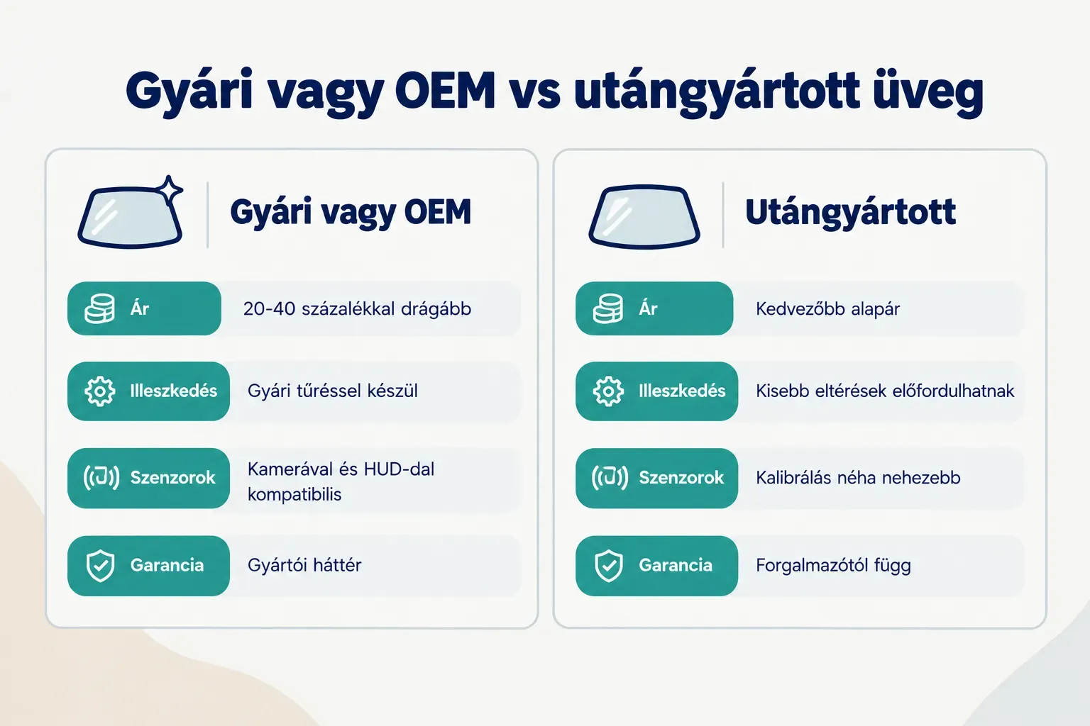 Comparison table, Gyári vagy OEM vs utángyártott üveg. Ár, Gyári vagy OEM: 20-40 százalékkal drágább; Utángyártott:…