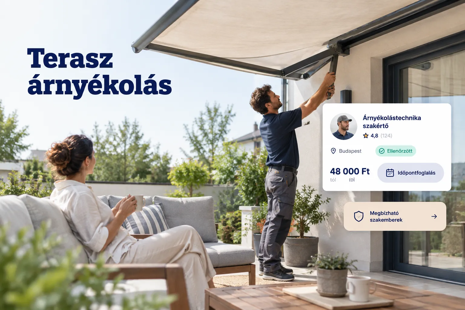 Modern terasz árnyékolás faváz pergolán, napfényt szűrő lamellás tetővel kerti teraszon