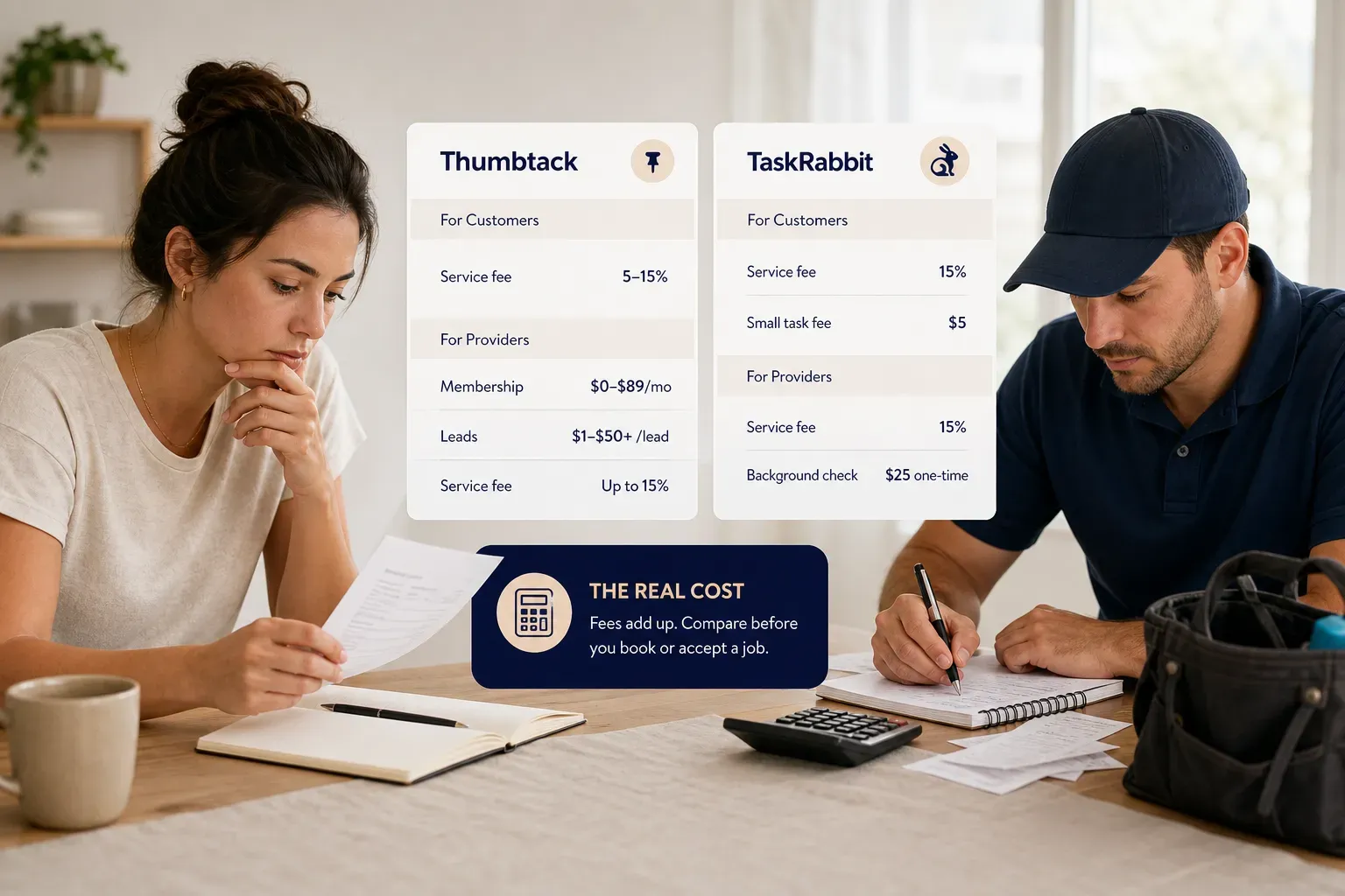 Thumbtack vs TaskRabbit cost comparison showing fees customers and service providers pay on each platform