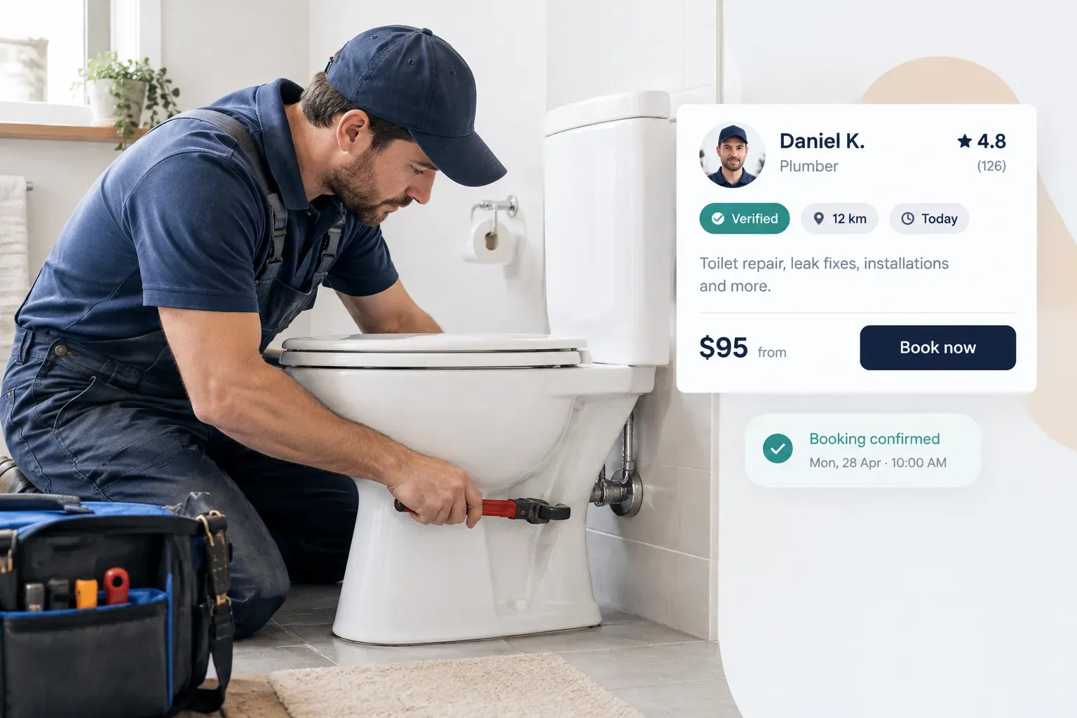 Plumber repairing a toilet's internal components to fix a leak during a toilet repair job