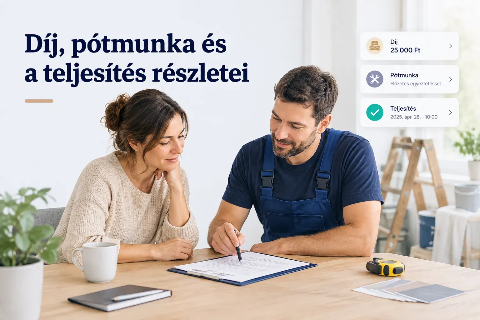 Vállalkozói szerződés kisebb munkára: díjfizetés, pótmunka és a teljesítés részleteinek rögzítése papíron